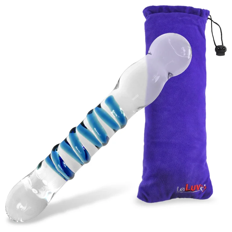 veined glass thin dildo-LeLuv Glass Dildo with Blue Swirled Shaft and Round Tip