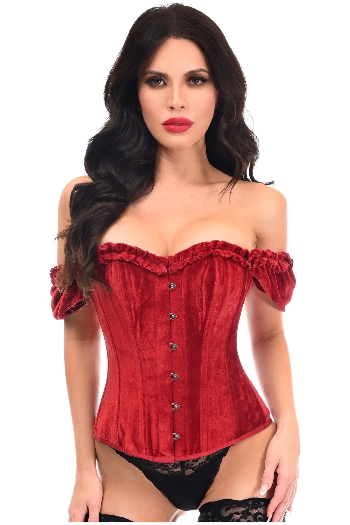 corset for mermaid wedding-Top Drawer Velvet Steel Boned Overbust Corset w/Sleeves