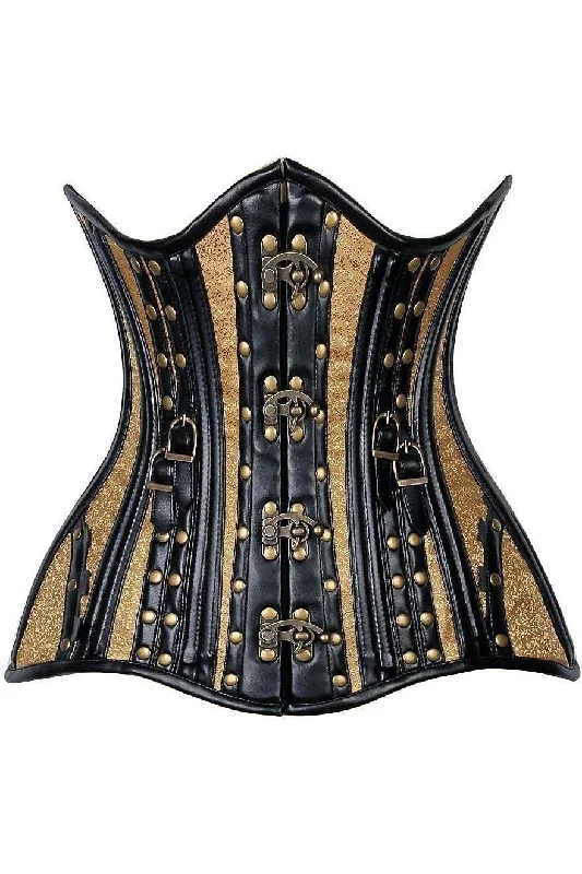 corset top with hooks-Top Drawer CURVY Faux Leather & Brocade Steel Boned Under Bust Corset w/Rivets