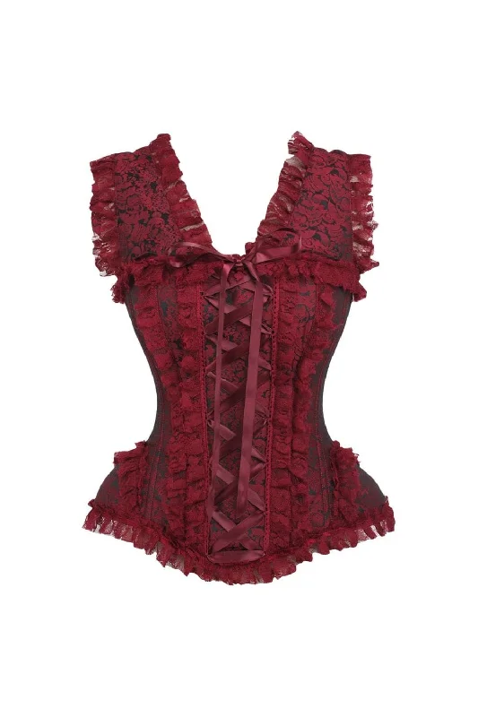 corset top with slits-Top Drawer Red/Black Brocade & Lace Steel Boned Corset w/Cap Sleeves