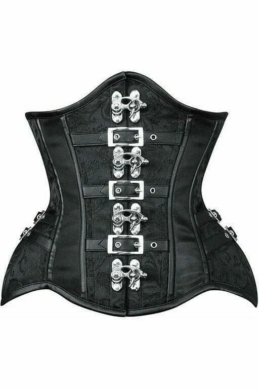 corset for jazz performance-Top Drawer Black Brocade Steel Boned Underbust Corset w/Buckles