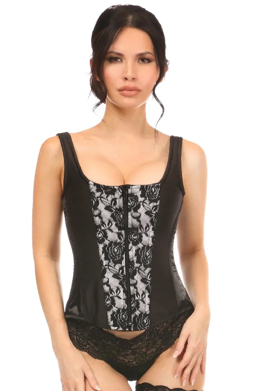 corset top with sheer lace-Top Drawer White Satin w/Black Lace Overlay Steel Boned Corset w/Straps