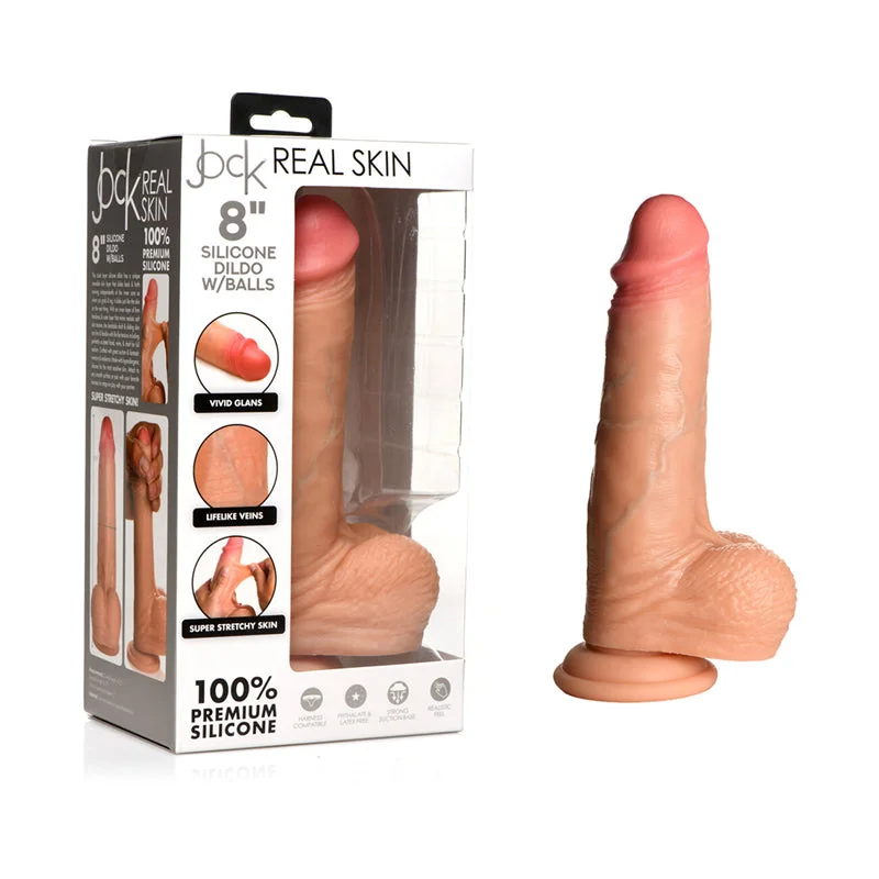 small glass glossy dildo-Jock Real Skin Silicone Dildo with Balls 8 in. Light