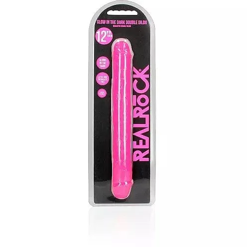 straight rubber veined dildo-Realrock Glow in the Dark Double Dildo 12" by Shots