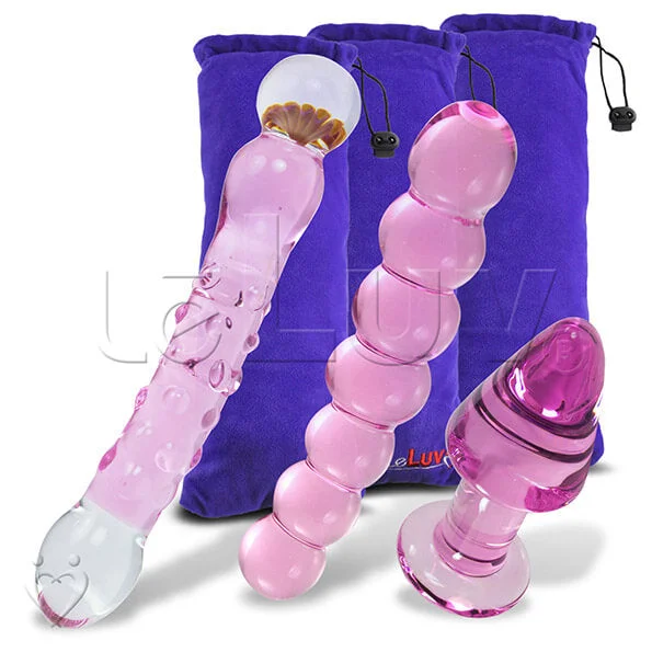 thick glass bumpy dildo-LeLuv Glass Butt Plug & Glass Dildos Pretty Pink 3 Piece Gift Set