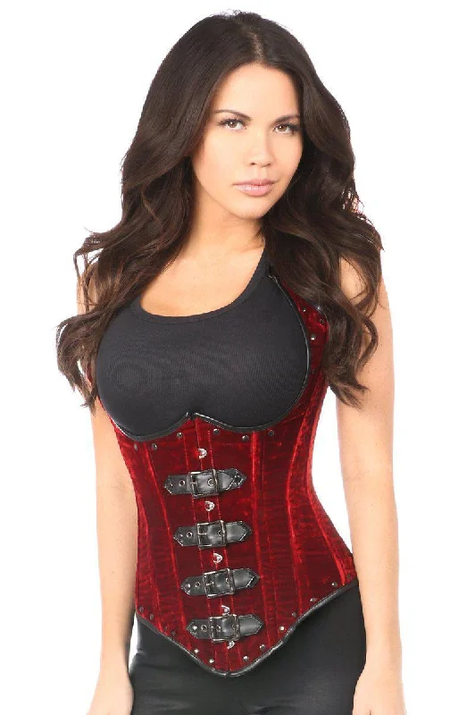 corset dress silver lace-Top Drawer Steel Boned Red Velvet Underbust Corset w/Buckling