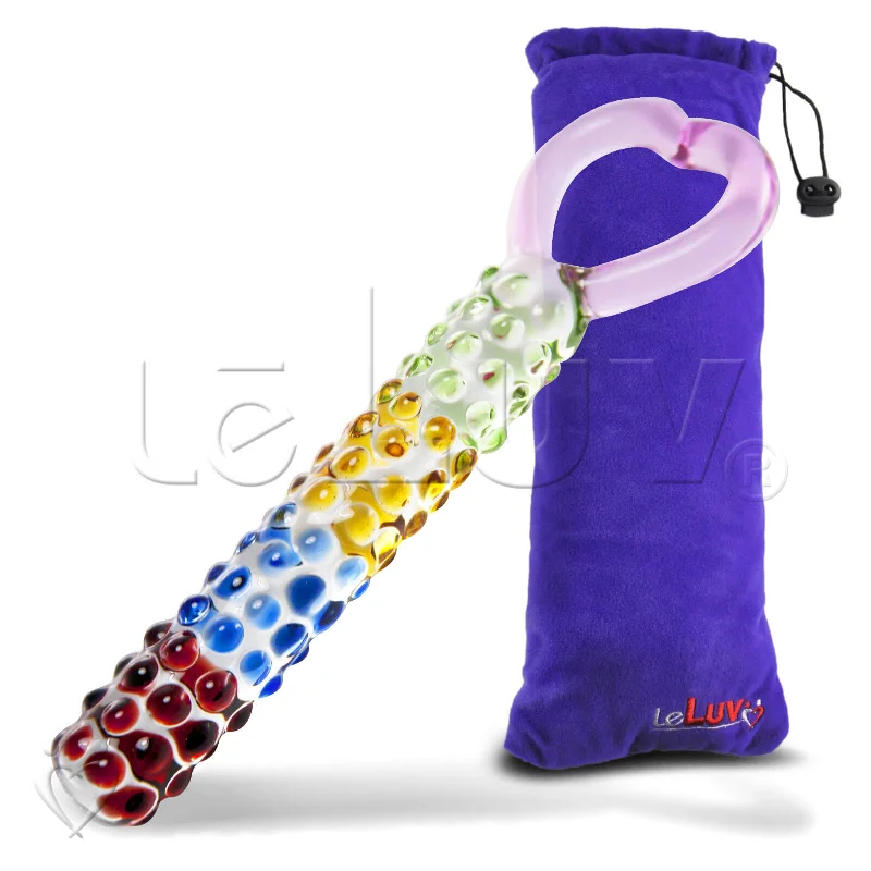 thick silicone blue dildo-LeLuv Glass 8.5 Inch Rainbow Love Nubby Wand with Heart Handle