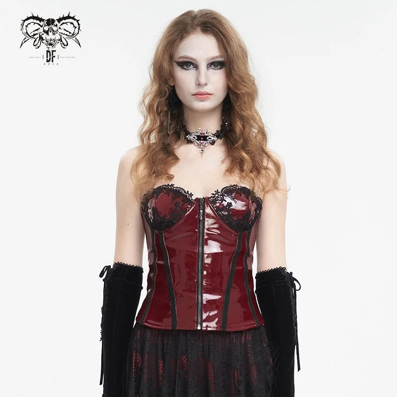 corset with diagonal laces-Women's Punk Lace Splice Patent Leather Overbust Corset Red