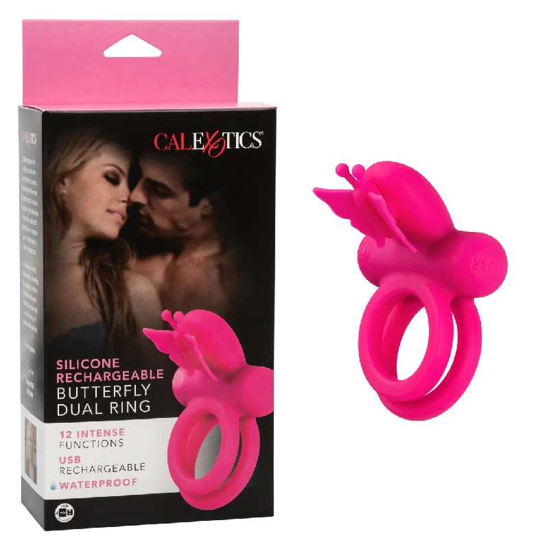 cock ring with subtle vibes-CaleXOtics SILICONE RECHARGEABLE BUTTERFLY DUAL RING Pink Vibrating Cock Ring