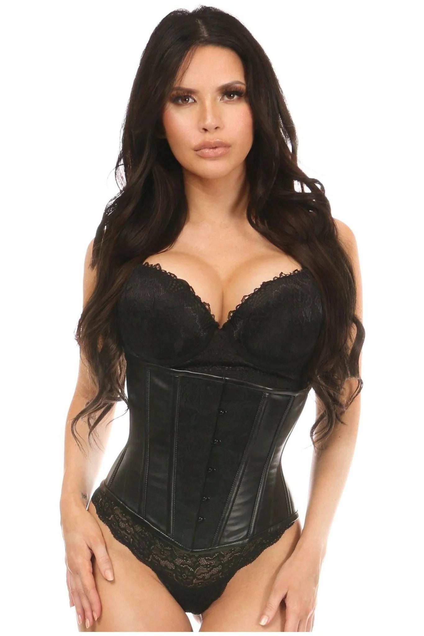 corset with back ribbons-Lavish Wet Look & Lace Overlay Waist Corset