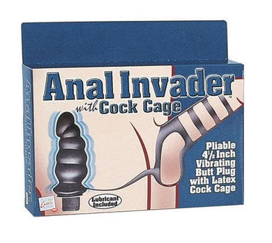 cock ring for pelvic tone-Anal Invader With Cock Cage Butt Plug With Latex Cage 4.5-inch