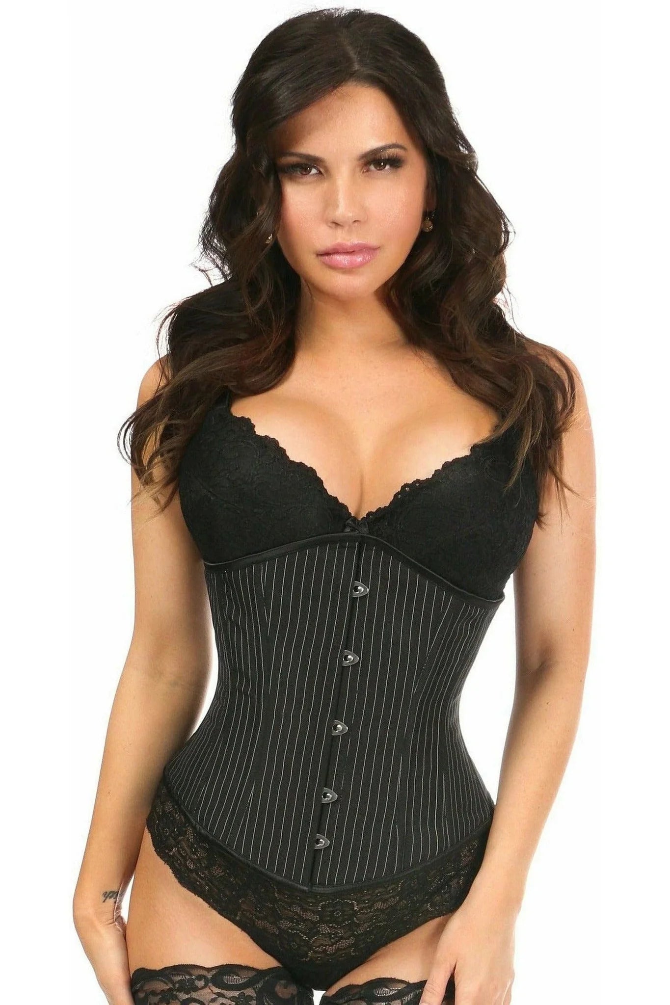 corset top with satin edging-Lavish Pinstriped Underbust Corset Queen