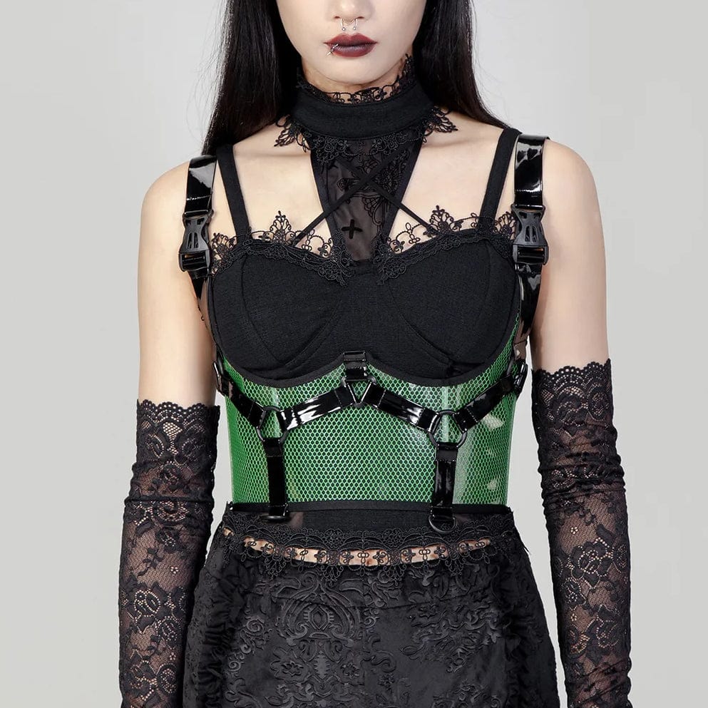 corset dress for fundraiser-Women's Punk Buckles Mesh Underbust Corset Green