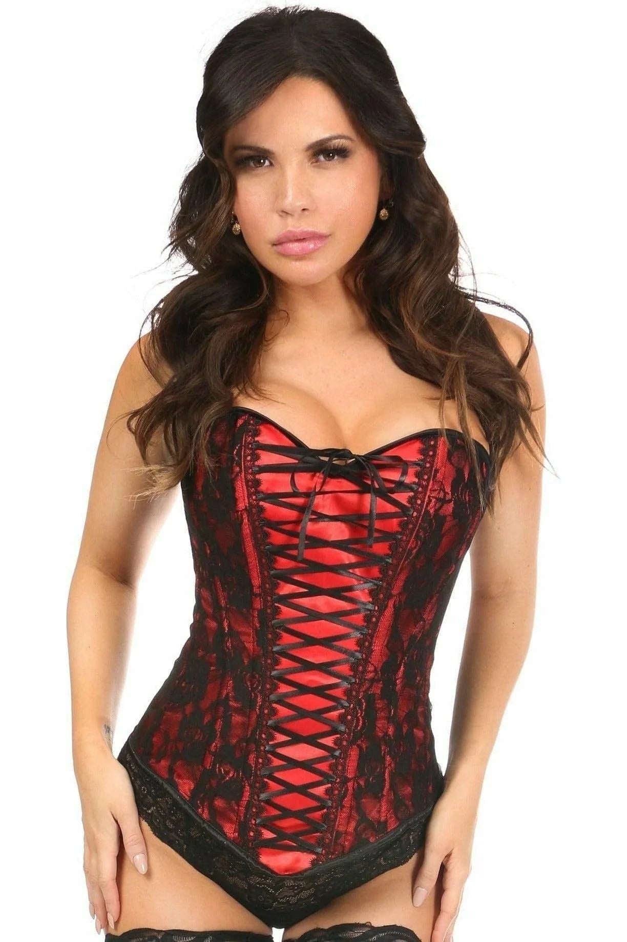 corset with silver clasps-Lavish Lace-Up Overbust Corset w/Black Lace