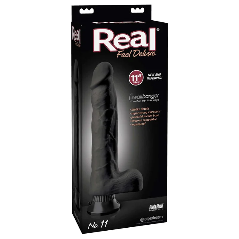 thick glass curved dildo-Real Feel Deluxe No. 11 Realistic 11 in. Vibrating Dildo With Balls and Suction Cup Black