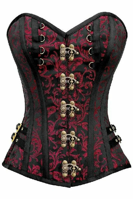 corset top with rivets-Top Drawer Black/Red Swirl Brocade Steel Boned Overbust Corset w/Buckles