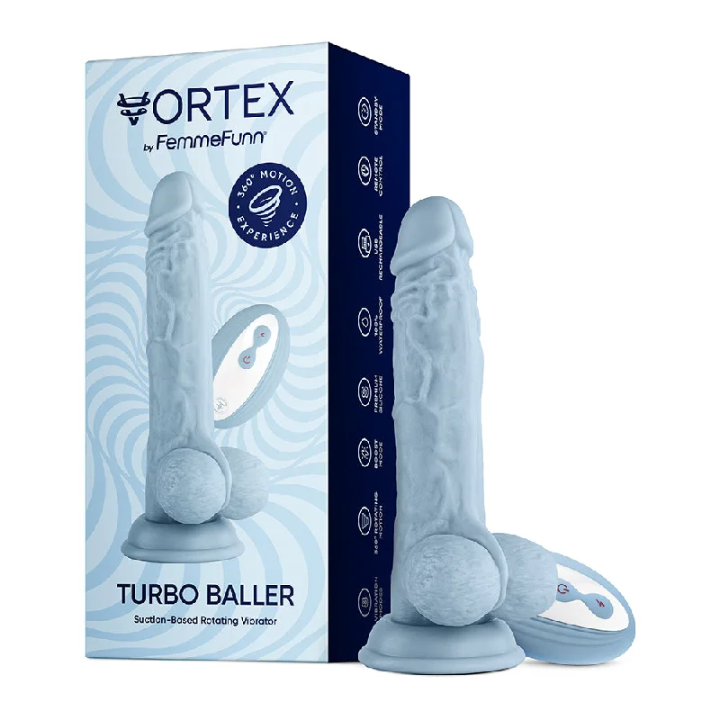 soft rubber lifelike dildo-FemmeFunn Vortex Turbo Baller 2.0 8.25 in. Vibrating Rotating Dildo Light Blue