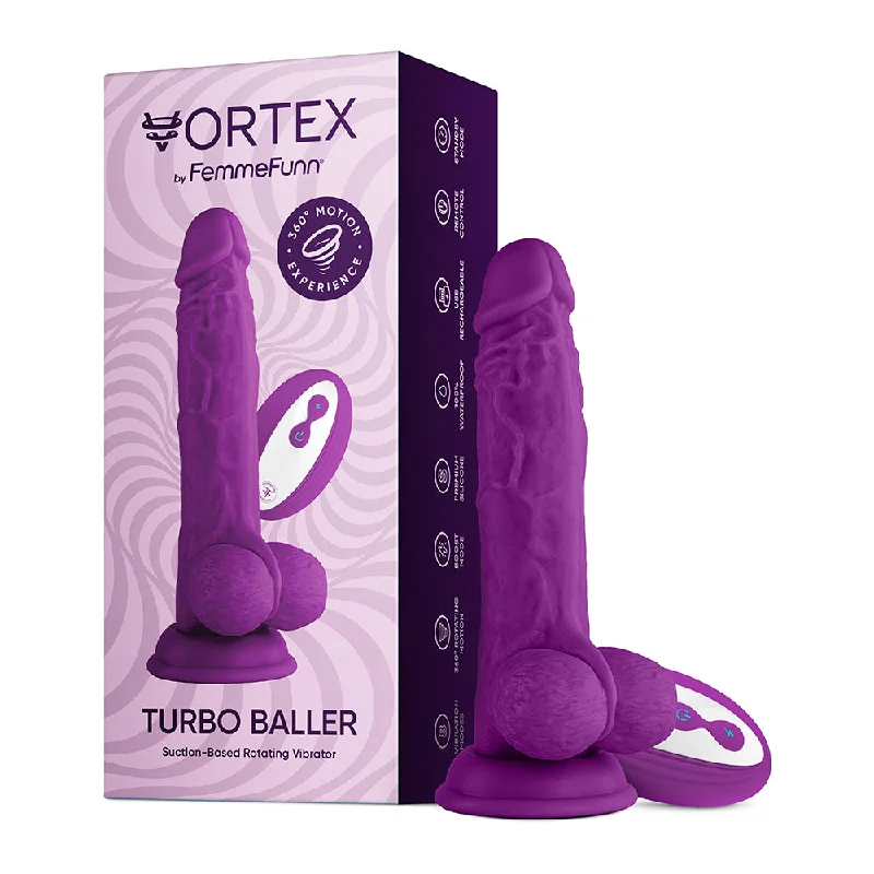 vibrating glass thin dildo-FemmeFunn Vortex Turbo Baller 2.0 8.25 in. Vibrating Rotating Dildo Purple