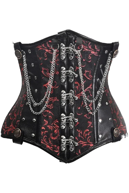 corset dress for exhibition-Top Drawer Black/Red Steel Boned Underbust Corset w/Chains and Clasps