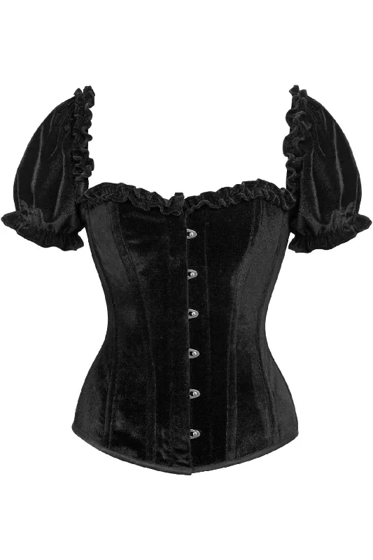 corset top with draping-Top Drawer Steel Boned Black Velvet Overbust Corset w/Sleeves