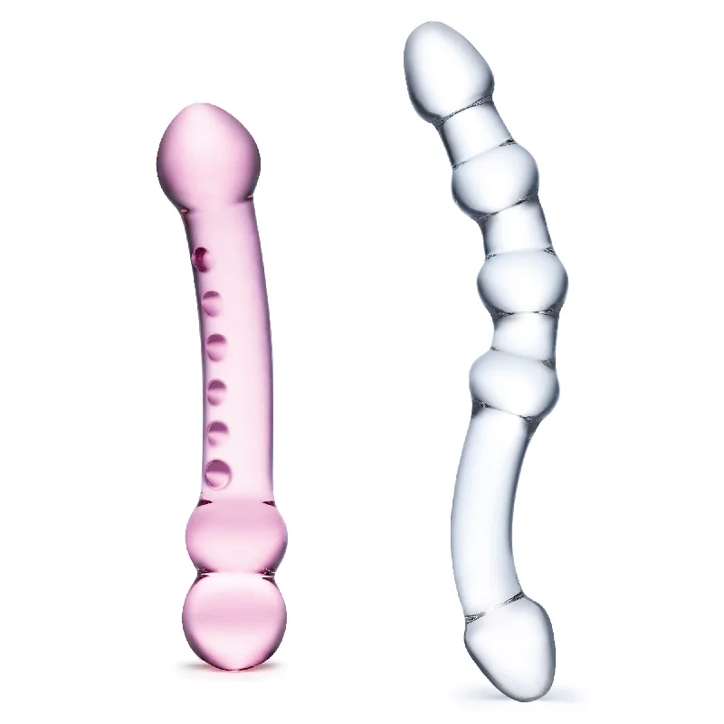 flexible glass ribbed dildo-2 Pc Double Pleasure Glass Dildo Set - Pink/clear