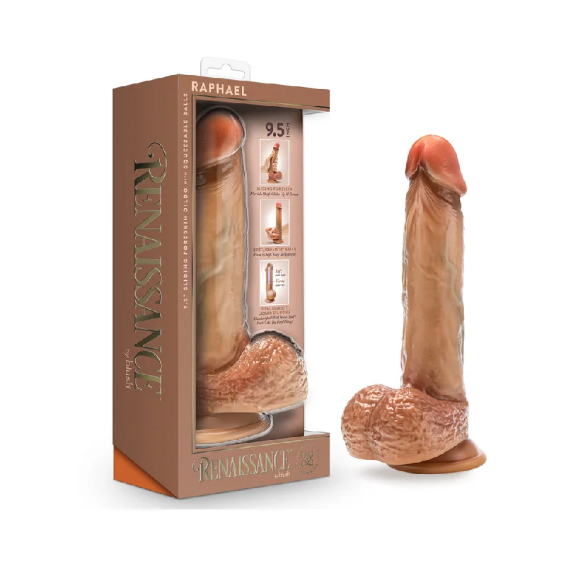 thick glass green dildo-Renaissance Raphael Sliding Foreskin Dildo with Squeezable Balls 9.5 in. Tan