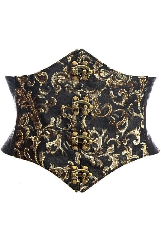 corset for midsection support-Lavish Black/Gold Swirl Brocade Corset Belt Cincher w/Clasps