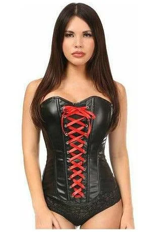 corset dress garnet red-Queen Lavish Wet Look Faux Leather Lace-Up Over Bust Corset