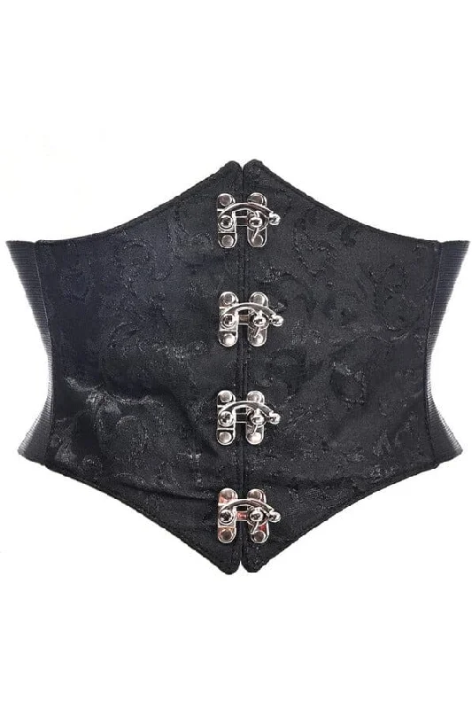 corset with rose embroidery-Lavish Black/Black Swirl Brocade Corset Belt Cincher w/Clasps