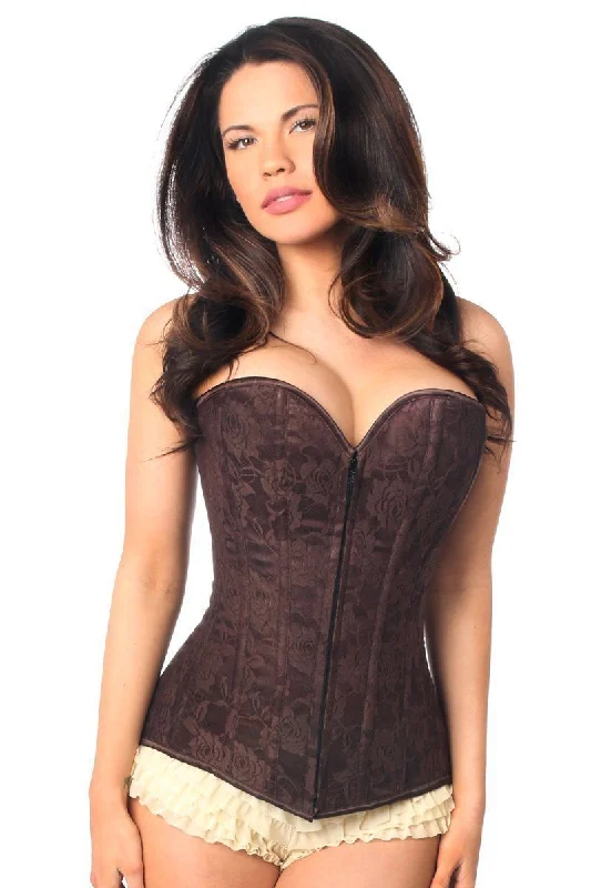 corset dress with shimmer-Lavish Dark Brown Lace Overbust Corset with Zipper