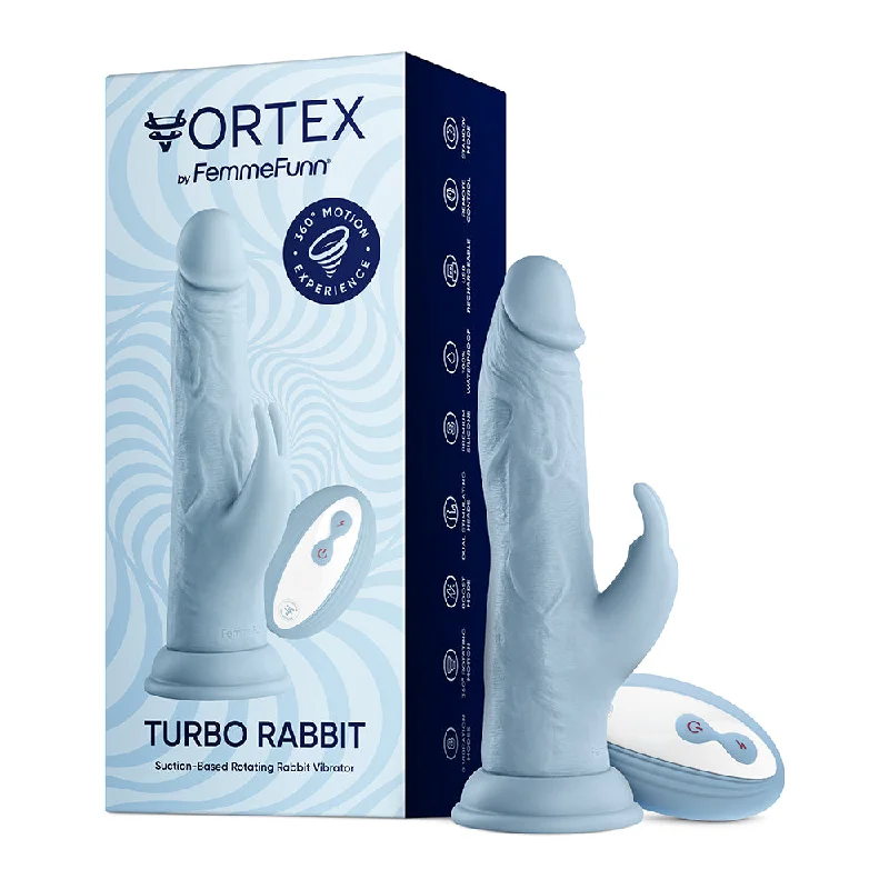 firm glass silver dildo-FemmeFunn Vortex Turbo Rabbit 2.0 8 in. Dual Stimulation Vibrating Dildo Light Blue