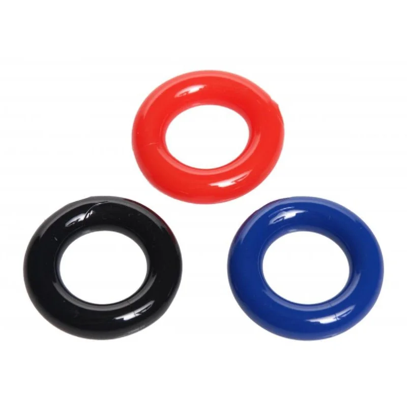 cock ring with raised joy-Trinity For Men Stretchy Cock Ring 3 Pack Red Black Blue