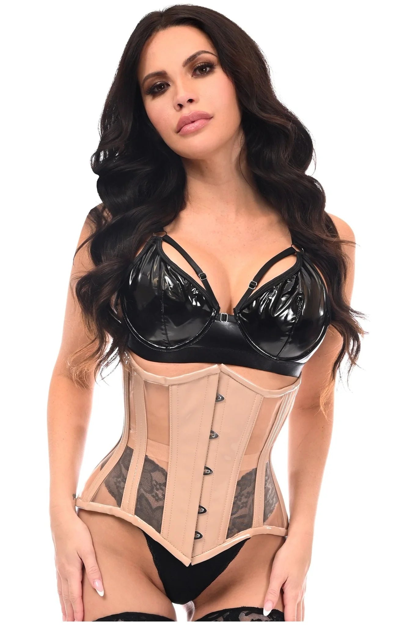 corset top with bows-Top Drawer Patent & Mesh Steel Boned Underbust Corset