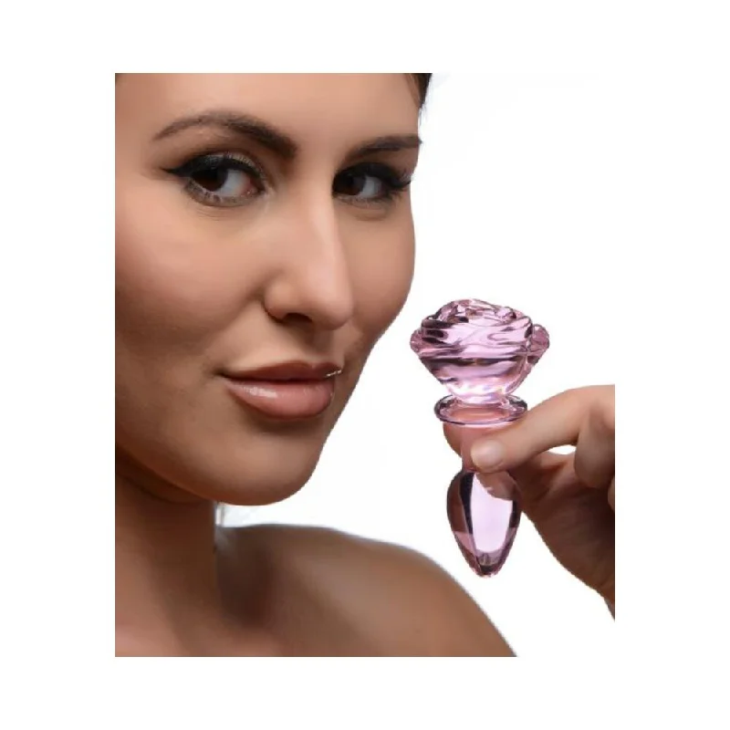 Anal toys for light joy-Booty Sparks Pink Rose Glass Anal Plug - Small