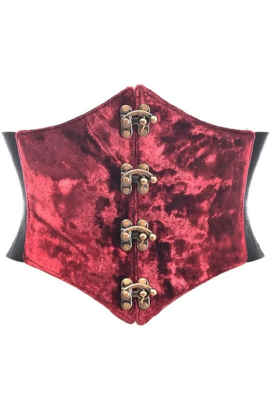 corset for figure slimming-Lavish Dark Red Crushed Velvet Corset Belt Cincher w/Clasps