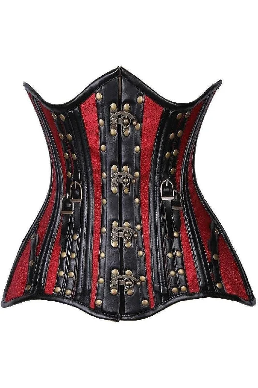 corset dress garnet red-Top Drawer CURVY Faux Leather & Brocade Steel Boned Under Bust Corset w/Rivets