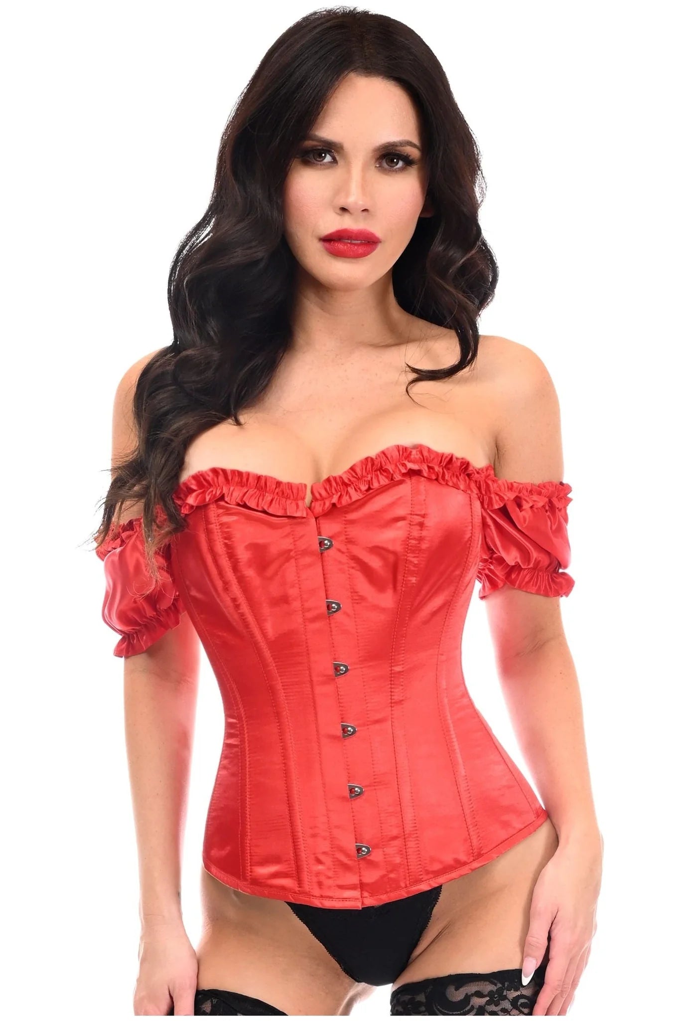 corset top soft jade-Top Drawer Satin Overbust Corset w/Sleeves