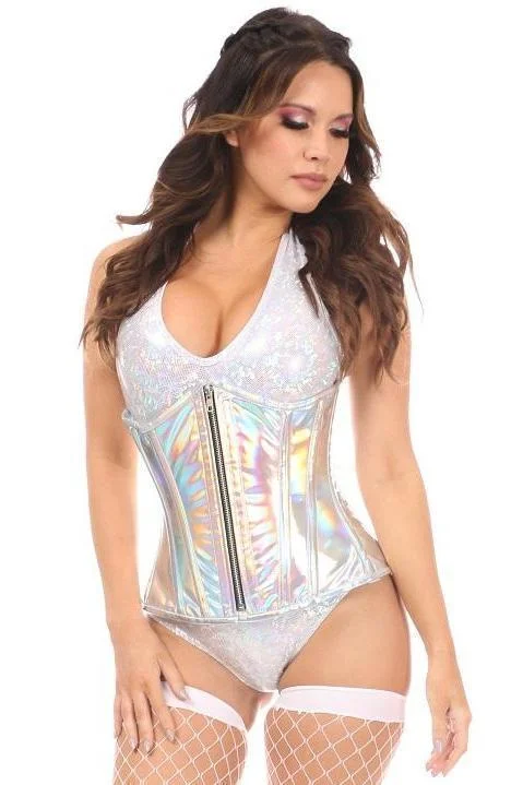 corset for pirate cosplay-Top Drawer Silver Holo Under Bust Corset w/Zipper