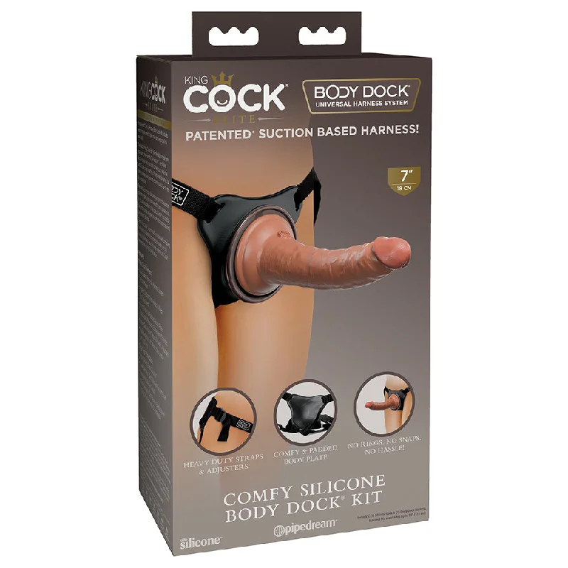 curved rubber smooth dildo-King Cock Elite Comfy Silicone Body Dock Kit With Dildo Tan/Black