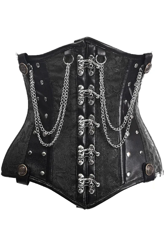 corset for metal concert-Top Drawer Black Brocade Steel Boned Underbust Corset w/Chains and Clasps