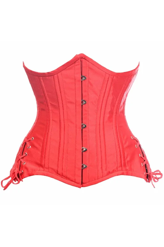 corset with concealed zipper-Top Drawer Red Satin Double Steel Boned Curvy Cut Waist Cincher Corset w/Lace-Up Sides