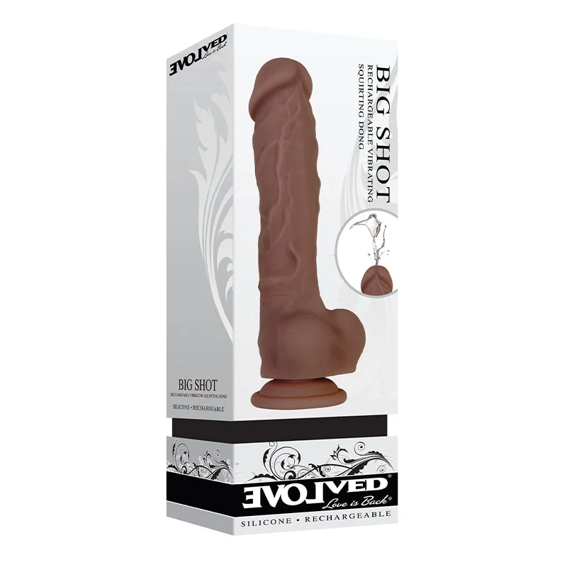 small silicone thin dildo-Evolved Big Shot Rechargeable Vibrating 8 in. Silicone Squirting Dildo Brown