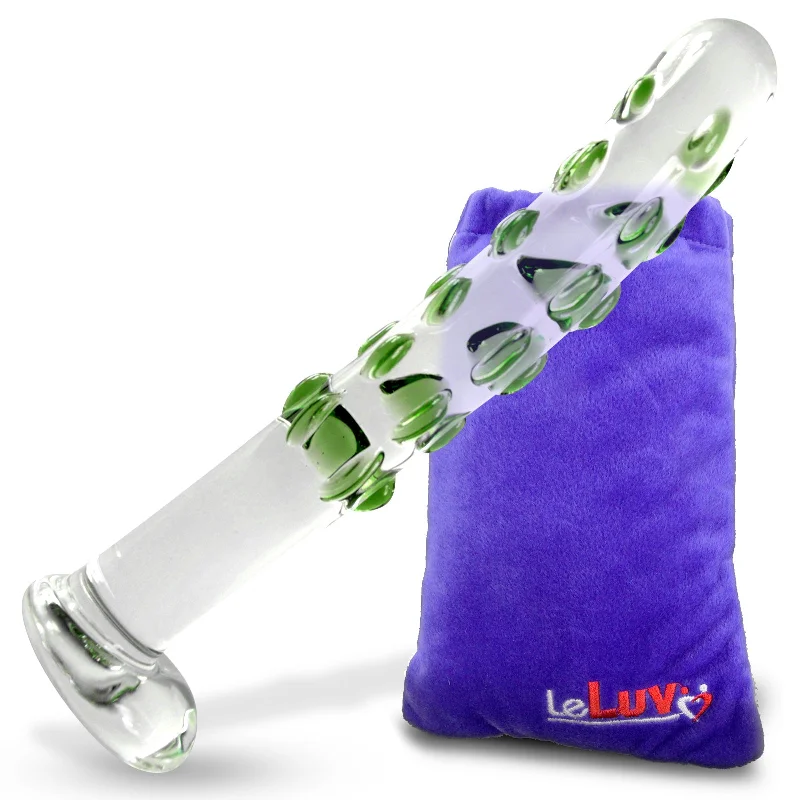 small silicone curved dildo-LeLuv Rounded Tip Green Dots Skinny Long Curved Shaft Bulging Base Dildo