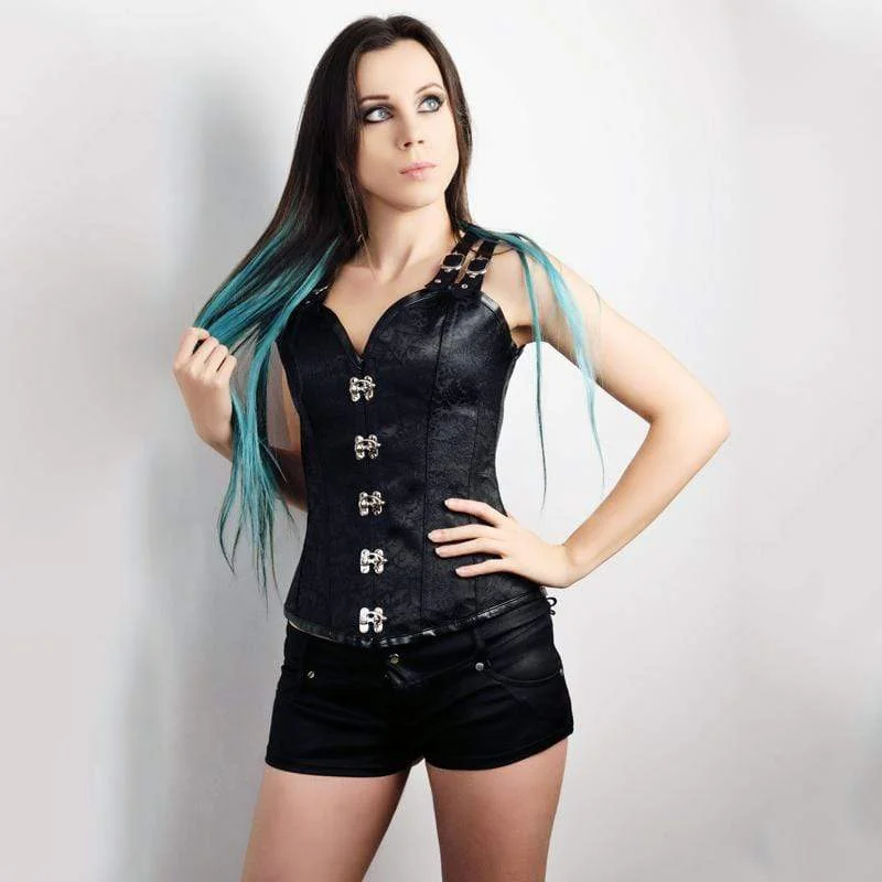 corset for witch costume-Women's Black Satin Sexy Strong Boned Corset Lace Up Bustier Top