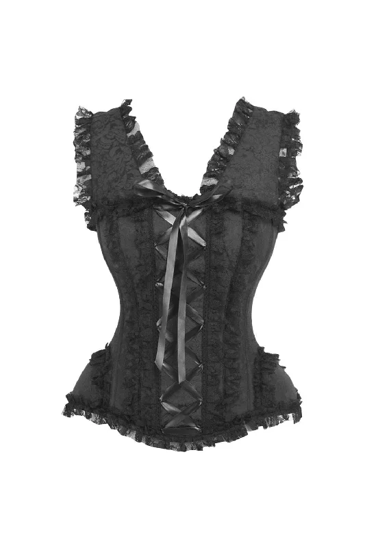 corset dress with drapes-Top Drawer Black Brocade & Lace Steel Boned Corset w/Cap Sleeves