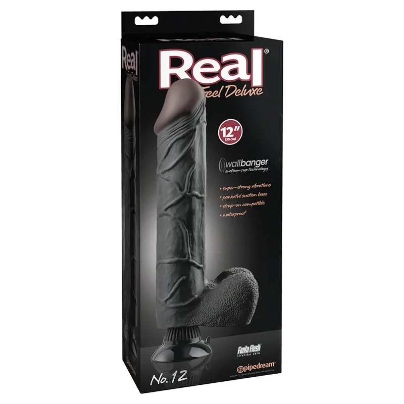 small silicone curved dildo-Real Feel Deluxe No. 12 Realistic 12 in. Vibrating Dildo With Balls and Suction Cup Black