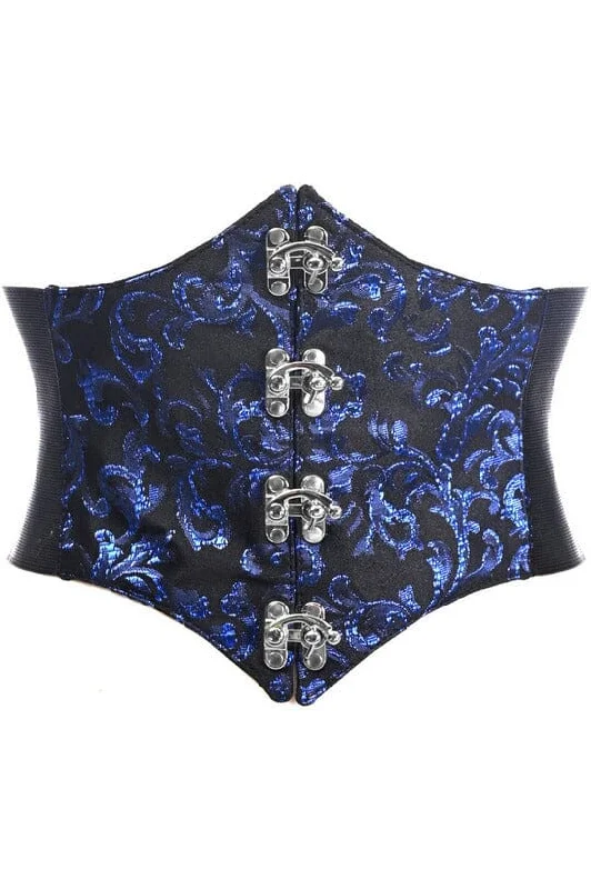 corset top sandy beige-Lavish Black/Blue Swirl Brocade Corset Belt Cincher w/Clasps