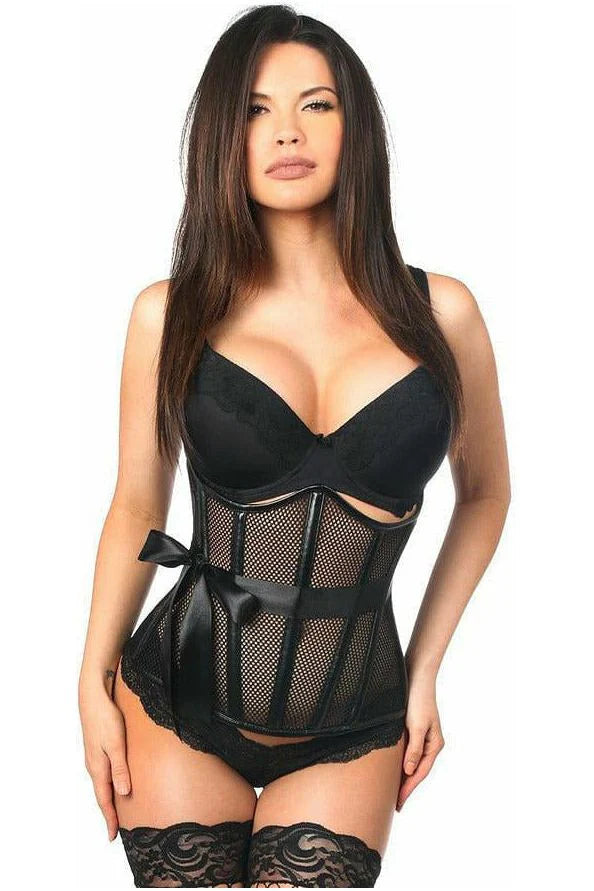 corset top with satin applique-Fishnet & Faux Leather Underbust Corset