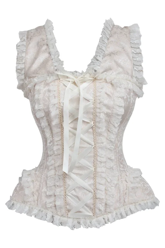 corset with scallop trim-Top Drawer Ivory Brocade & Lace Steel Boned Corset w/Cap Sleeves