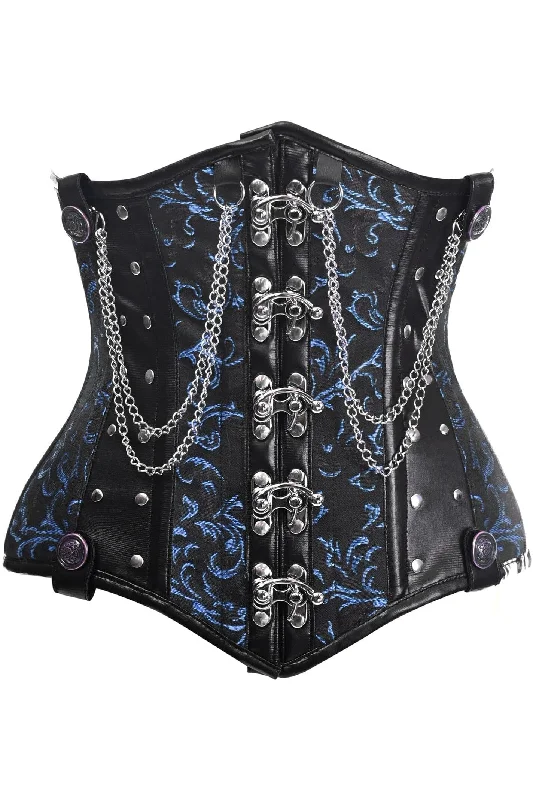 corset top with panels-Top Drawer Black/Blue Steel Boned Underbust Corset w/Chains and Clasps